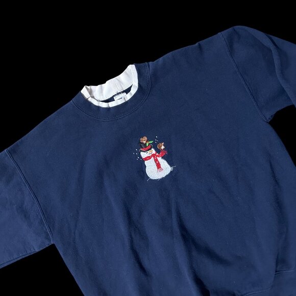 Gildan Tops - Vintage Christmas Sweatshirt Embroidered Snowman Navy Blue Size Large Retro